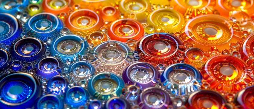  A Close-up Image Of Colorful Glass Bottle Caps With Water Droplets On Their Base