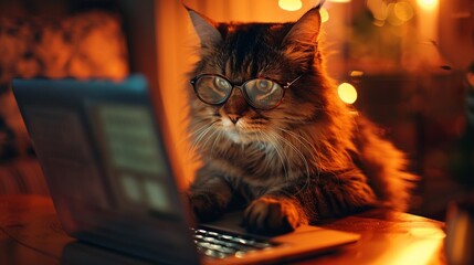 Fluffy cat with hornrimmed glasses, typing on a laptop, warm light, wooden table, low angle, soft focus