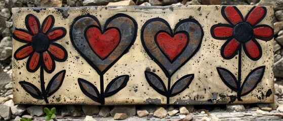  A painting of hearts, flowers, and a plant on a rock wall