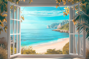 a window with a view of a beach and a rocky beach