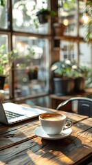 Front focus on warm coffee cup, wooden table, soft blur on laptop and quiet coffee shop background, no people
