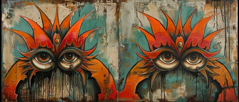  A depiction of two avian figures adorned in orange-red plumage, set against a backdrop of weathered wall surfaces