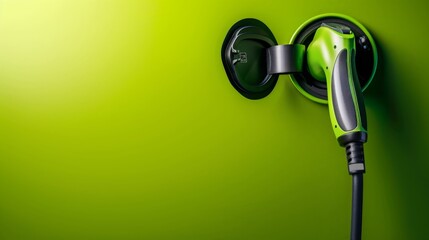EV charging plug connected to socket on green background, concept of renewable energy and sustainable transport solutions
