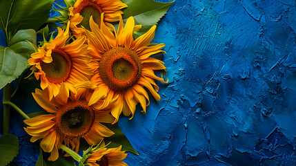 Sunflowers on blue texture background.