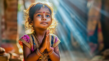 Indian little girl praying or namaste gesture. - obrazy, fototapety, plakaty