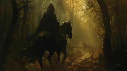 Black fantasy horseman with hood riding in dark forest