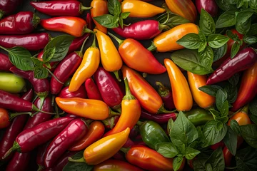 Foto op Plexiglas chili peppers red, green and yellow with green leaves on full background © Crystal