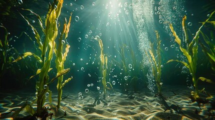 Underwater Cornfield Basks in Sunlight's Glow: A Acrylic Painting Celebrating Nature's Hidden Cornstalk Sanctuary - obrazy, fototapety, plakaty