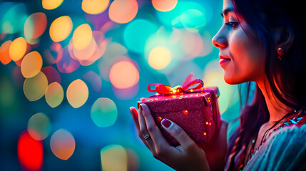 Indian woman holding gift box in hand on blur light background.
