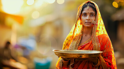 Indian woman holding a tray.