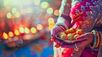 Indian woman holding sweet meal or laddoo thali.
