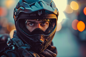 Man in helmet and scarf looks at the camera.
