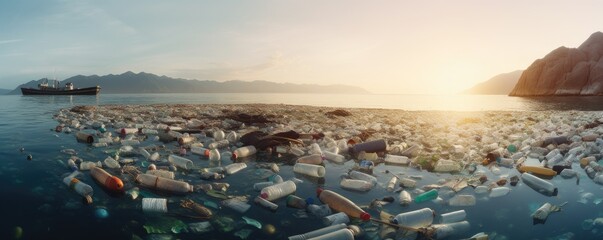 A lot of plastic bottles and other waste materials floating on the surface of the sea. Plastic...