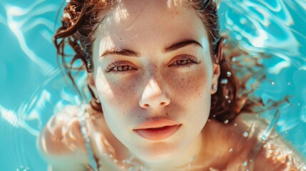 Ethereal underwater portrait of a woman bathed in sunlight, with a clear, captivating stare