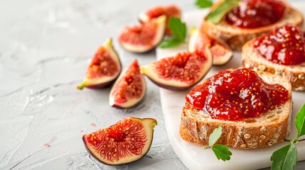 Artisanal fig jam spread on toast, paired with ripe fig slices, on a white marbled background adorned with green leaves