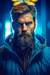 Man with beard and blue jacket on is looking at the camera.