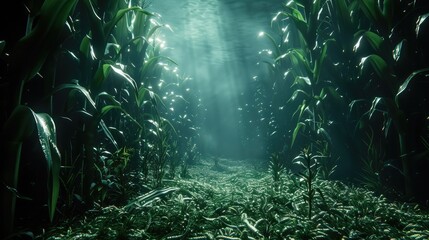 Fototapeta na wymiar Abyssal Corn Maze: An Enthralling Deep-Sea Farmland Adventure, Inspired by the Game Myst