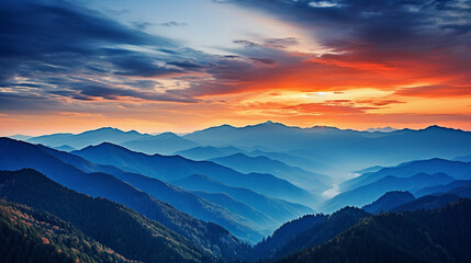 Obraz premium Beautiful sunset in the mountains. Landscape with mountains. Generate Ai