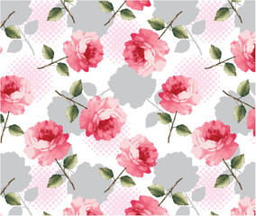 Single pink roses and silhouettes pattern on polka circle background