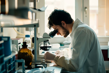 a scientist with a practical background. Is absorbed in his work.Science lab concept.