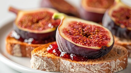 Close-up of toasted artisan bread with a dollop of fig jam, topped with a half fig, presented on a white plate