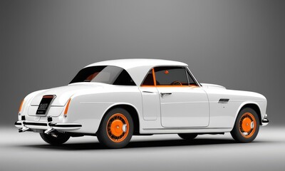 This white vintage coupe is presented with a sense of luxury and a touch of orange detailing. Its classic silhouette and elegant design are a nod to the car's rich heritage and timeless appeal.
