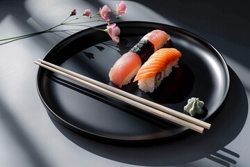 a plate of sushi with chopsticks and flowers