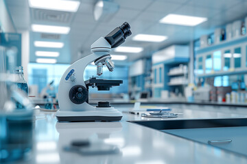 a bright laboratory with blue and white tones, microscope in foreground, medical equipment in background.Science lab concept.
