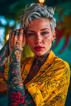 Blonde woman with tattoos and yellow shirt on posing for picture.
