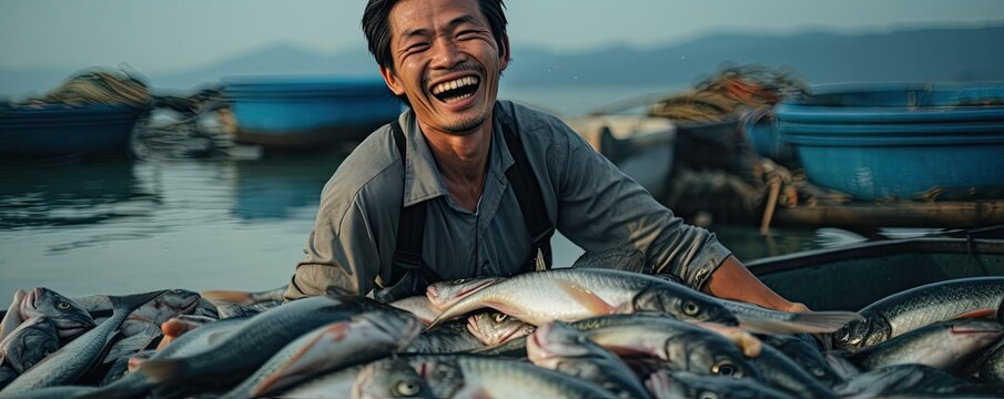 Happy asian fisherman with a lot of fishes on a fishing boat