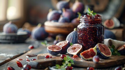 Rustic homemade fig jam in a glass jar surrounded by fresh figs, pomegranate seeds, and green leaves on a wooden board