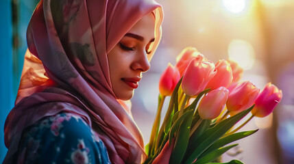 Muslim woman with bouquet of tulips on light background.