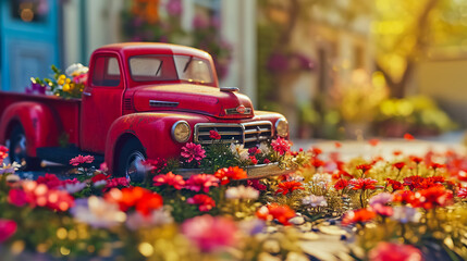 Red pickup retro toy car delivering bouquet of flowers.