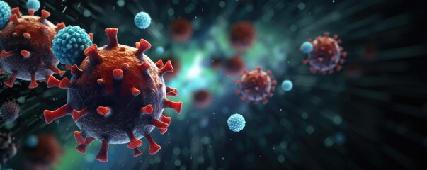 Virus  theme, microscopic view of floating virus cells. banner, wallpaper - obrazy, fototapety, plakaty