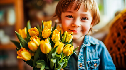 Smiling child boy with bouquet of yellow tulip flowers. Mother's Day greeting card.