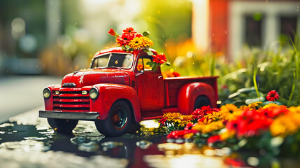 Red pickup retro toy car delivering bouquet of flowers.