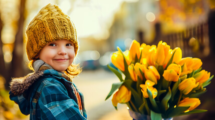 Smiling child boy with bouquet of yellow tulip flowers. Mother's Day greeting card.