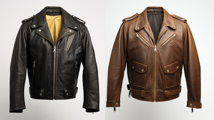 shots of leather jackets for website display, capturing both front and back views against a white background сreated with Generative Ai