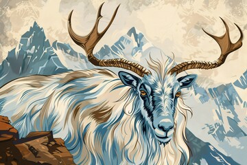 a painting of a goat with horns - obrazy, fototapety, plakaty
