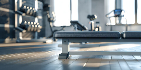 Interior of modern gym fitness room with large windows  on blurly background.
