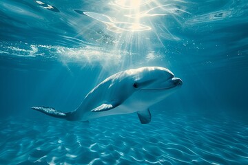 Naklejka premium Vaquita in crystal clear ocean underwater view sun rays filtering through serene blue tones