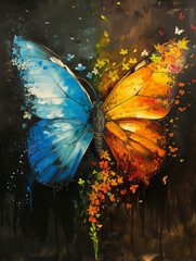 A painting depicting two delicate butterflies in vibrant colors against a deep black background