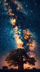 Poster an ancient iconic baobab tree silhouetted against a breathtaking starry night sky © Wuttichai