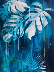 A painting featuring delicate blue and white leaves against a subtle background