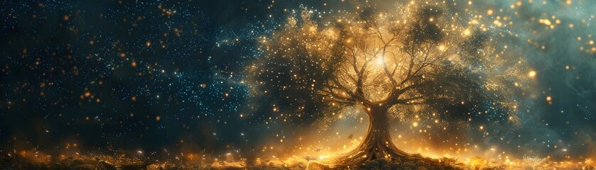 Enchanted Tree of Life Holding Celestial Worlds within Its Luminous Branches