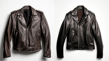 shots of leather jackets for website display, capturing both front and back views against a white background сreated with Generative Ai