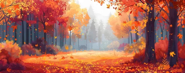 Fototapeten Vibrant Autumn Forest Clearing with Colorful Fallen Leaves Underfoot and Misty Atmosphere © Wuttichai