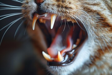 Closeup open mouth of an angry cat full of fangs. Macro photography of evil wild or domestic...