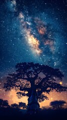 Majestic Baobab Under Starry Saharan Skies - Silhouetted Timeless Sentinel Amid Cosmic Splendor