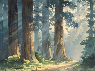 Majestic Redwoods Piercing the Misty Morning Light,Sunbeams Illuminating the Verdant Wilderness